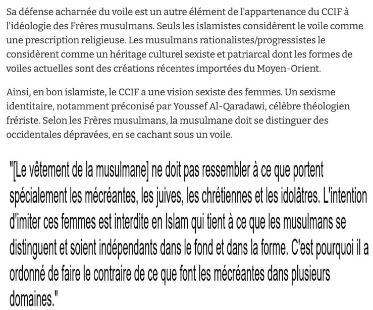 Voilà ce qu’on peut entendre sur le voile et les femmes dans les sphères du  @CCIF. Comme vous pouvez le voir, ce n’est pas très féministe. https://www.atlantico.fr/decryptage/3582657/accuse-d-etre-une-association-islamiste-le-ccif-affirme-que-cela-n-a-jamais-ete-prouve-vraiment--naem-bestandji