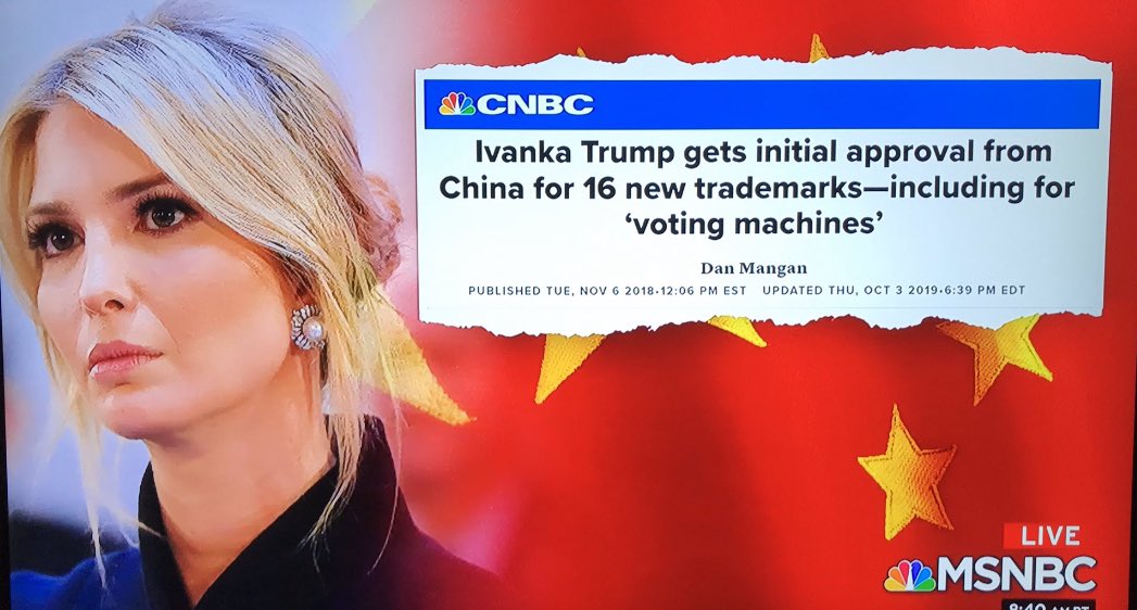 One of the trademarks Ivanka received from China was for voting machines. “Because nothing says a commitment to democracy like a Trump Voting Machine™.”