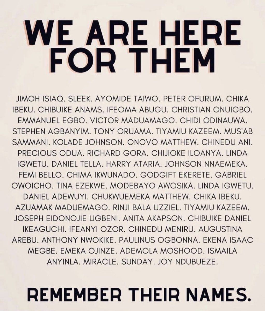 burnaboy's tweet image. #EndSARS #EndPoliceBrutalityinNigera Remember their NAMES!!! 
R.I.P to all those that we have Lost to Police Brutality &amp;amp; To Sars in Nigeria. 🕯