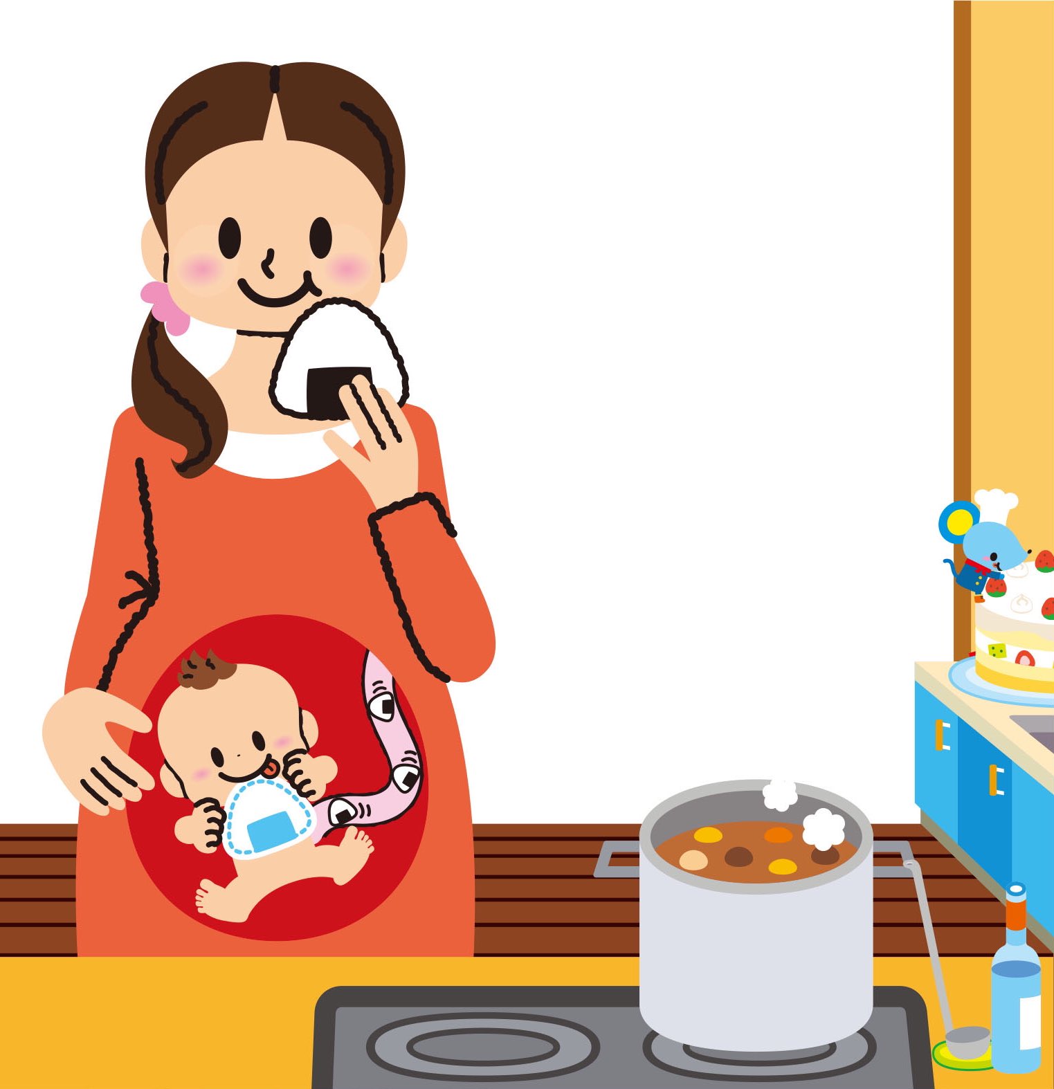 どうまん かずのり イラスト 絵本 ママが元気にご飯を食べたらお腹の中の赤ちゃんも どんどん元気になります 現在 子育て奮闘中です イラストカット カットイラスト 挿絵 かわいいイラストイラストレーター 人物イラスト 雑誌イラスト イラスト