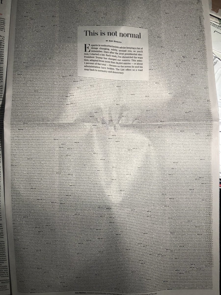 NormOrnstein's tweet image. For those who do not have the opportunity to see the physical ⁦@washingtonpost⁩ page where ⁦@Amy_Siskind⁩ systematically details all the scandals and norms Trump has broken, here it is. Breathtaking: