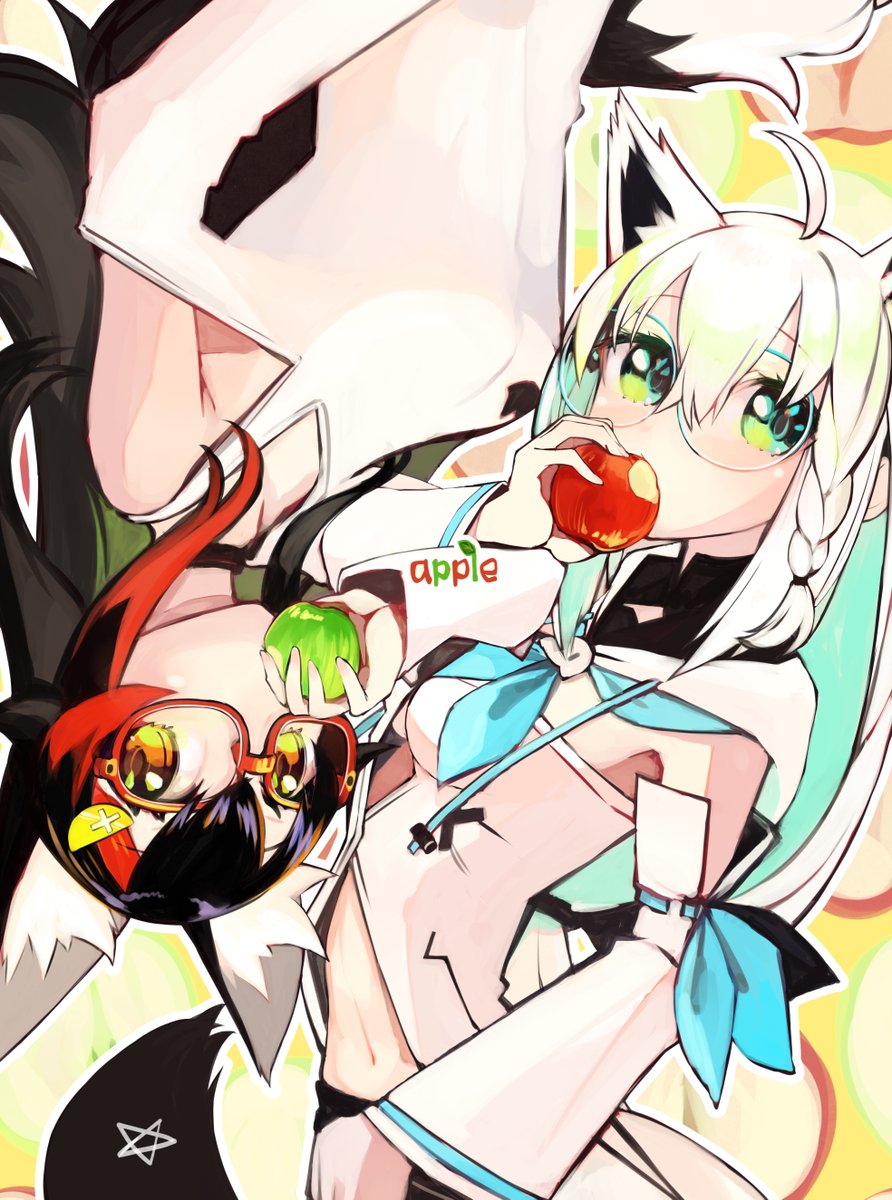 ookami mio ,shirakami fubuki multiple girls animal ears 2girls fox ears wolf ears wolf girl green eyes  illustration images