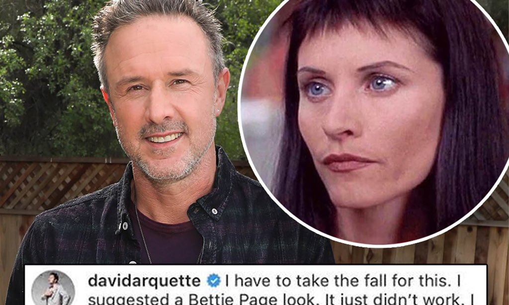 David Arquette suggested to wife Courtney Cox that she cut her hair like Bettie Page, thus giving rise to her infamous Scream 3 bangs. However,  @DavidArquette did take the blame for her hellish haircut! 