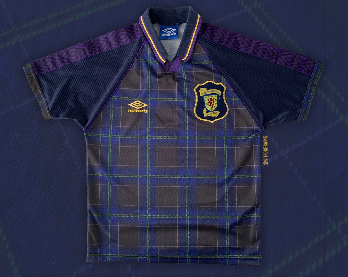 This shirt was introduced in 1994, but its probably most famous for its use in the Euro ‘96 tournament. Despite being heavily associated with Scotland, this is the first time tartan appeared so prominently on their kit. Although on TV, the kit mostly looked plain dark blue
