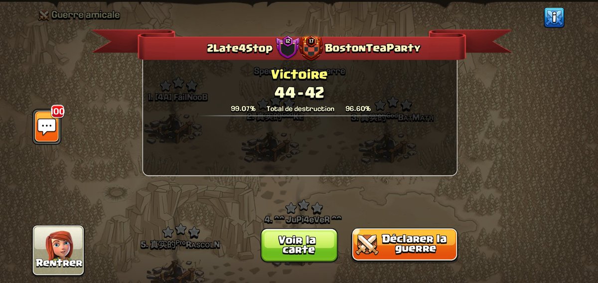 We are back in <a href="/champwarleague/">Champions War League</a> after 2 defeat , we won against <a href="/BTP_CoC/">BostonTeaParty</a> , gg guys it was a close war, next opponent <a href="/BlazeJP3/">blaze JP</a> .
GL 😉💪🏻