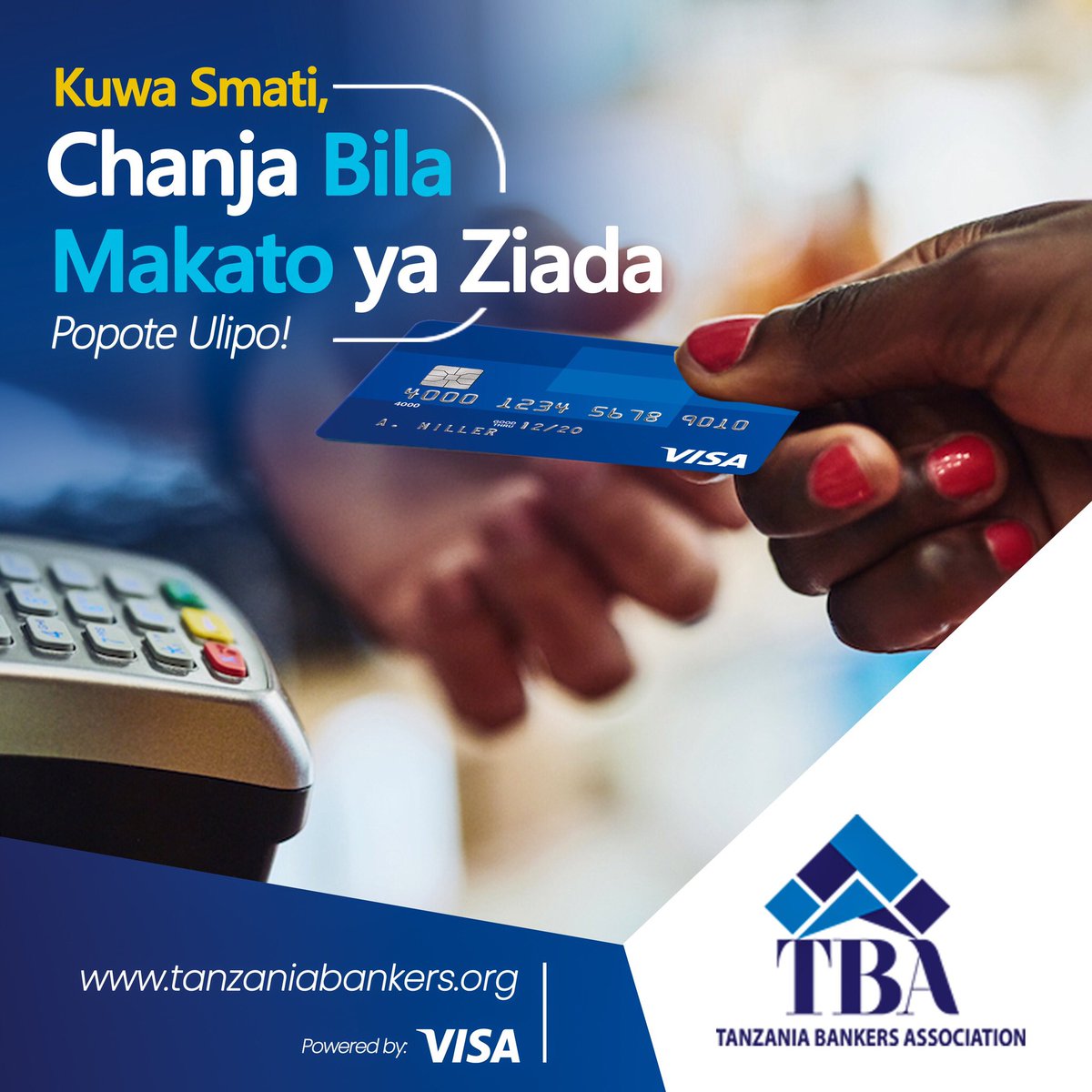 Kila kona inakubalika, Ukiwa na kadi ya malipo kutoka bank yako, unaweza kufanya malipo kila kona, kuanzia maduka, migahawa, hoteli na sehemu nyingine nyingi. Ni rahisi, haraka na salama. TBA pamoja na wewe!
#KuwasmatiJisevie
#KuwaSmatiLipaBilaMakato