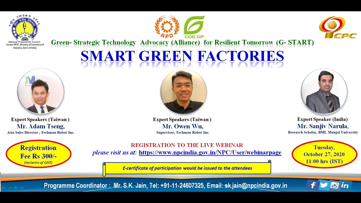 Pl join webinar on #Smart #Green #Factory by Indian and Taiwanese expert speakers. Link:https://t.co/cVYL2VTDBZ…
@NPC_INDIA_GOV
@NPC_COE4IR
#ePass #npccertificate #npc #kyp #npcindia
@IITGuwahati
@IITKgp
@iitmadras
@iitroorkee
@IIM_Calcutta
@IIMKozhikode
@IIM_Bangalore https://t.co/yL3f44W5UQ