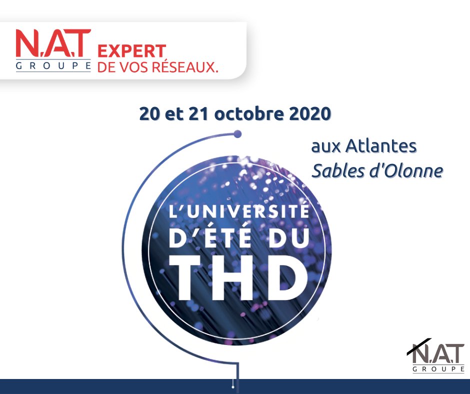 GroupeNAT's tweet image. Le Groupe N.A.T participe à l&apos;université d&apos;été du THD les 20 et 21 octobre.

Alexandre, Julien et Maxime vous accueillent stand1, au Centre de Congrès Les Atlantes, (Sables d&apos;Olonne).

#THD #FTTH #fibreoptique #réseaux #DTDICT #reglementationantiendommagement