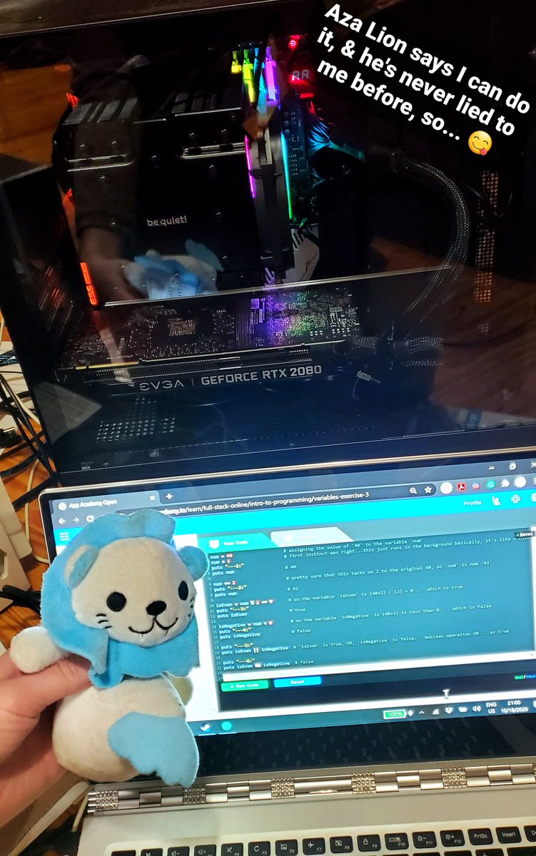 theMadhatKatt's tweet image. 120 minutes of 1239.50...
So ≈ 10% of the way thru @appacademyio #AppAcademyOpen's #IntroToProgramming
Still a ways to go, & did hit my first (small) moment of real "oh crap why did I think I could do this" terror during the variables exercises, but I press on...! #CodeNewbies