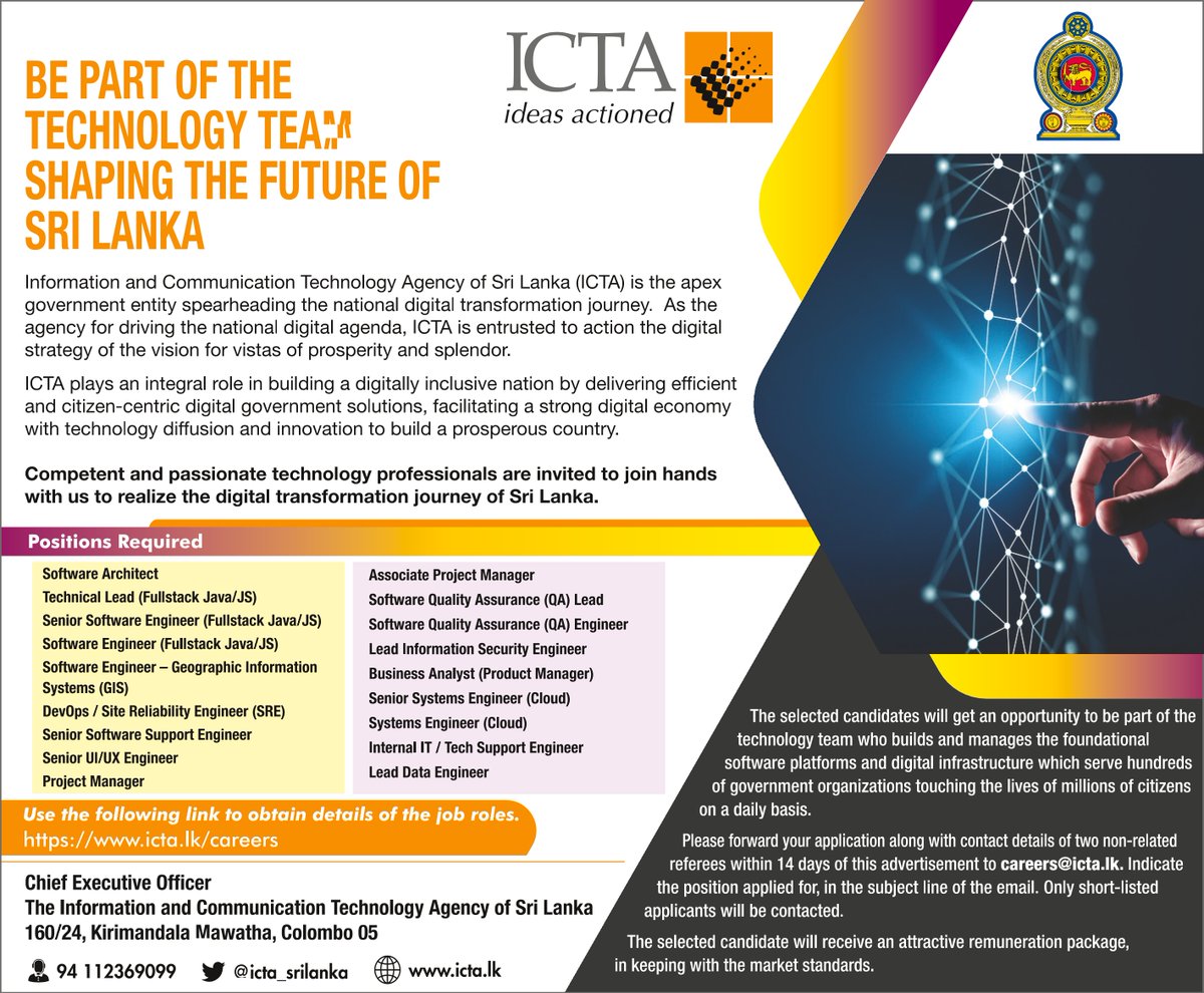icta_srilanka's tweet photo. Be a part of the technology team that will shape the future of Sri Lanka. Our technology team is expanding and we are on the lookout for people to join us in our exciting mission !!! #govtechSL https://t.co/nypLoxTY7V