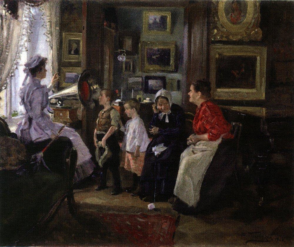 They listen the gramophone, 1910 wikiart.org/en/vladimir-ma… #wikiart #makovsky