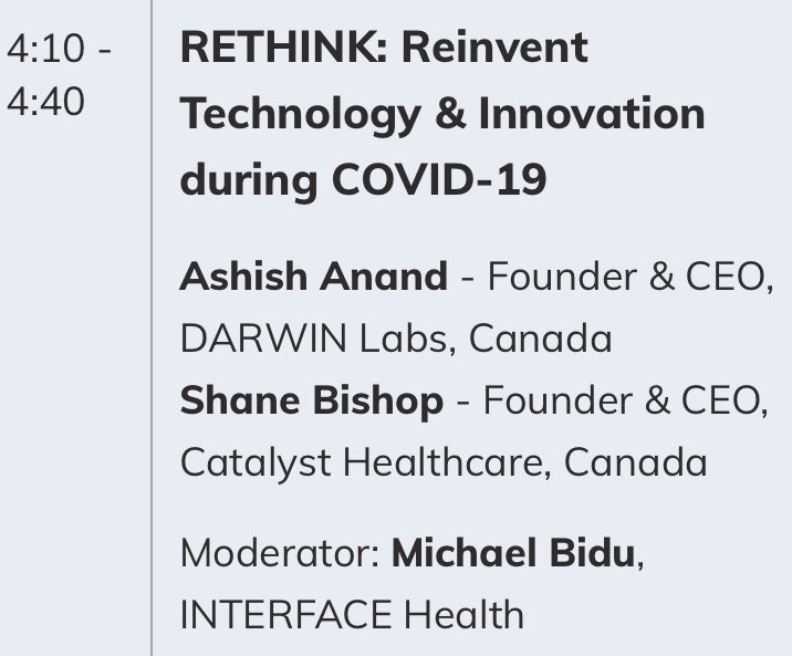 darwinlabs_'s tweet photo. The @interfacehealth #interfacesummit2020 conference starts tomorrow! Looking forward to hearing from leaders in health, tech and innovation. Our Founder &amp; CEO, @ashishanand takes the (virtual) stage at 4:10pm PST. #HealthTech #digitalhealth #clear360 https://t.co/LTBZxnH6ts