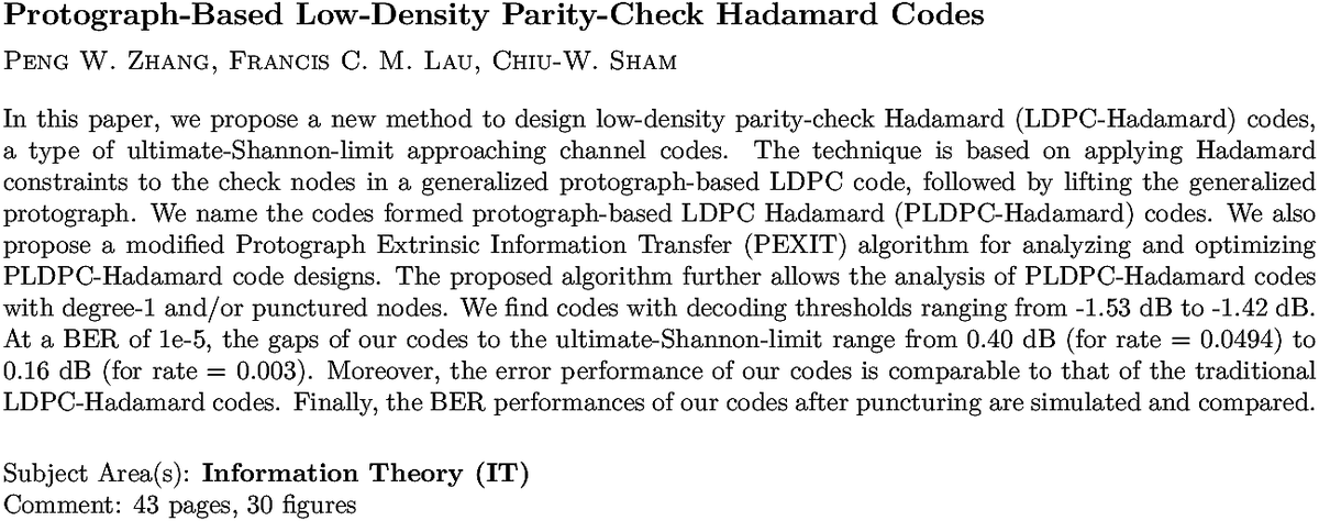 arxiv.org/abs/2010.08285…
P W Zhang et. al.
Protograph-Based Low-Density Parity-Check Hadamard Codes