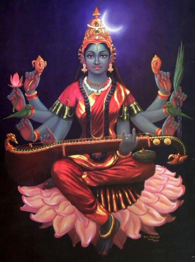  #SriMathreyNamaha! Today,  #Day3 of  #Navarathri! In this series of  #9Days9Forms9Stories, the 3rd form we see is  #Shyamala also known by name of Mantrini – because she is prime minister to the Goddess Lalitha. She is depicted with a crescent moon on her forehead & playing the Veena