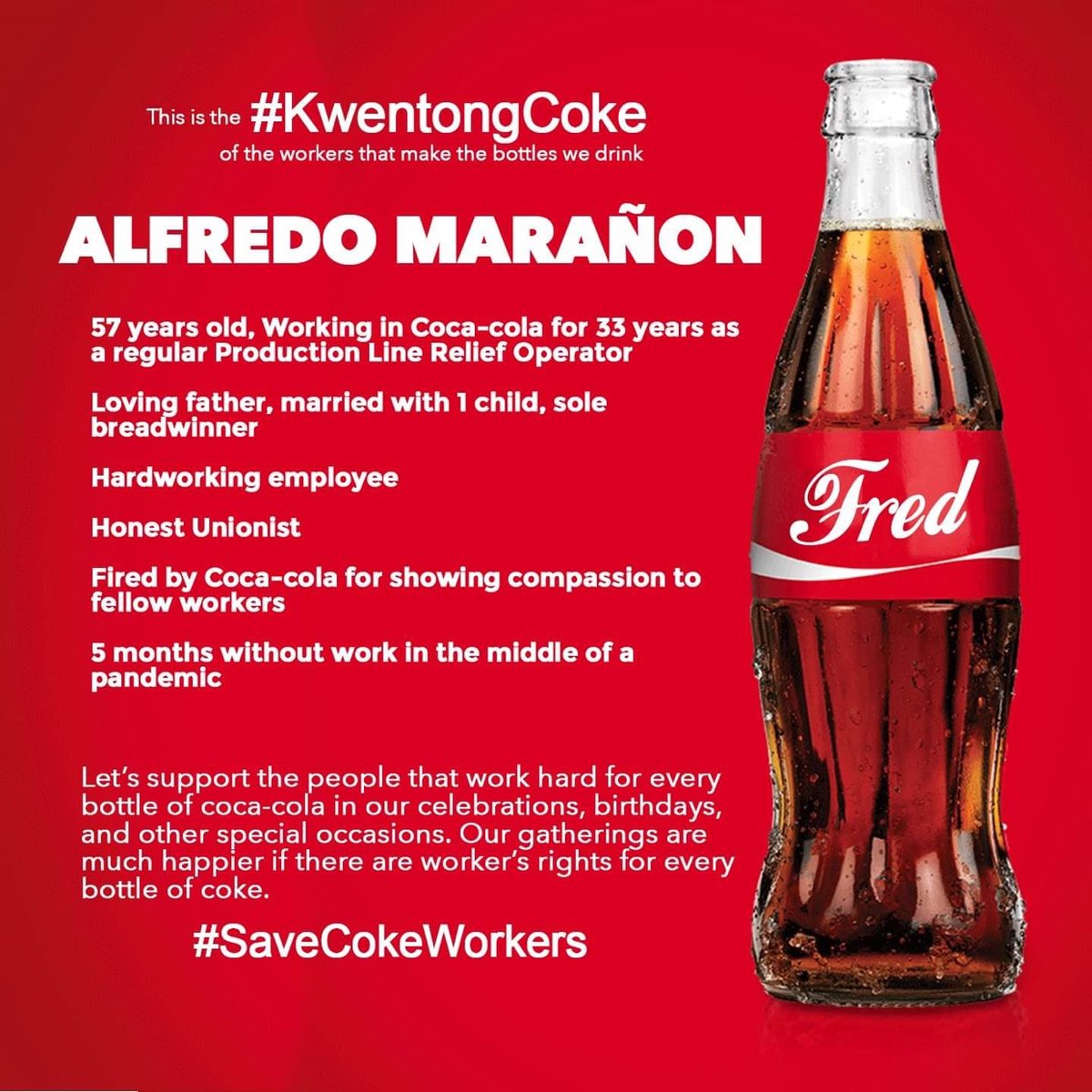 SENTROLabor's tweet image. Ang #KwentongCoke ni Fred Marañon.
Mas masarap kung may pag-respeto sa karapatan ng manggagawa. #SaveCokeWorkers