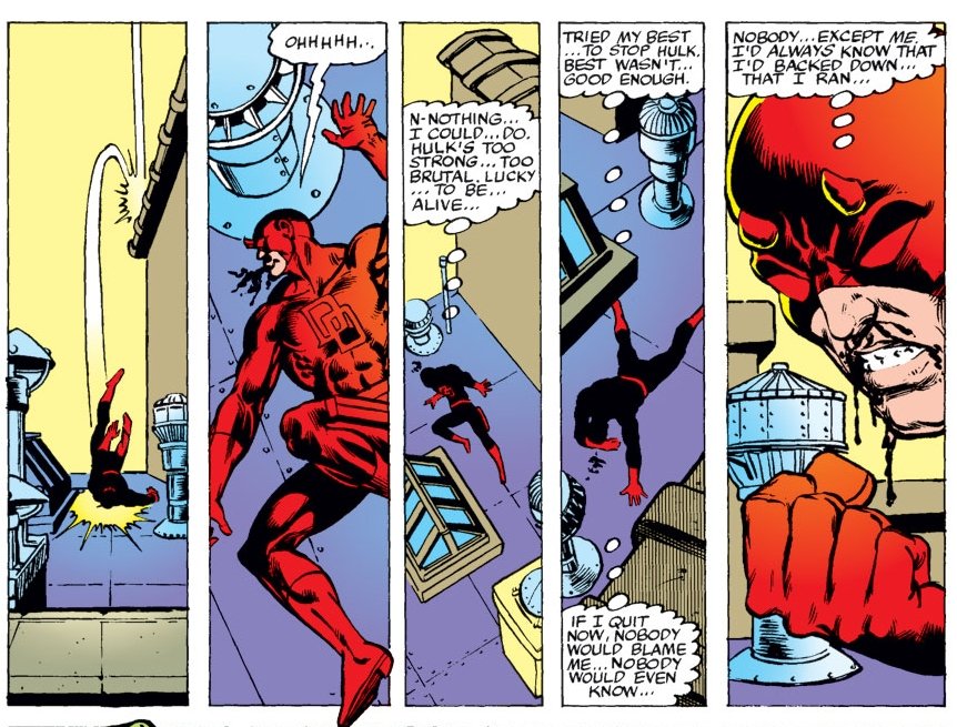 By the way, in this same story arc we have an impressive battle between Daredevil and the Incredible Hulk. Well, yeah, that's why Matt is called The Man Without Fear.DD Vol 1 #163Mar, 1980Roger McKenzie (W), Frank Miller (P), Klaus Janson/Joe Rubinstein (I), Glynis Wein (C)