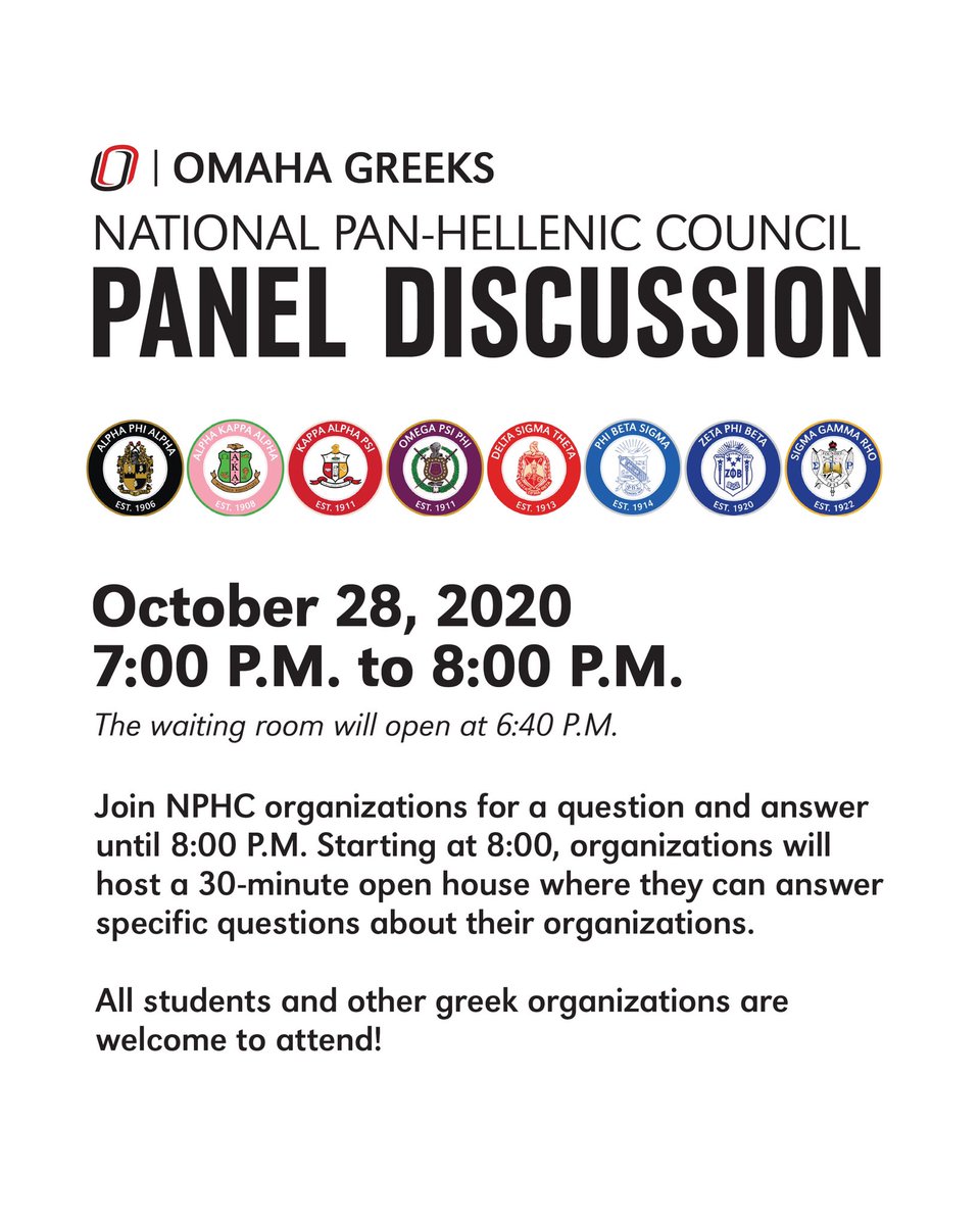 The National Pan-Hellenic Council will be holding a virtual Panel Discussion for anyone that is interested in learning about their chapters!

📅 Wednesday, October 28th
⏰ 7:00-8:00 P.M.
📍 ZOOM: 920 6469 7371