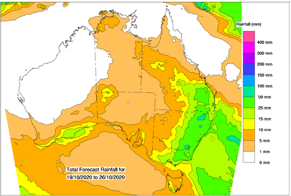 BOM_au's tweet photo. Later this week tropical moisture will collide with unstable air to bring showers/storms (possibly severe) to eastern Australia. Accumulated totals of 25 to 50mm for eastern NSW/southeast Qld with the potential for over 100mm by the end of Sunday night. https://t.co/NiJXSlNxLm https://t.co/NRQ38bjAnF