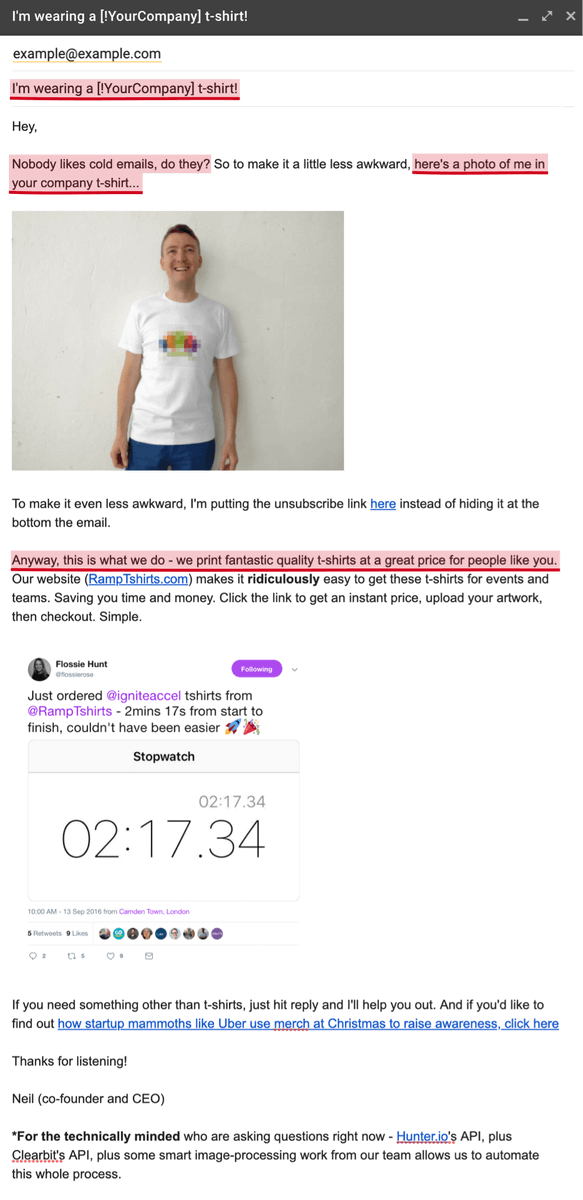 5/In 2017, instead of sending the traditional generic emails to prospective shoppers,  @RampTshirts sent this amazingly personalized email to companies hoping to sell some personalised t-shirts.Screams out loud - Be different!