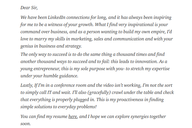 3/Love the articulation and storytelling that  @miraclepreneur uses in this lucidly written cold email template that he has used to land himself interviews numerous times .