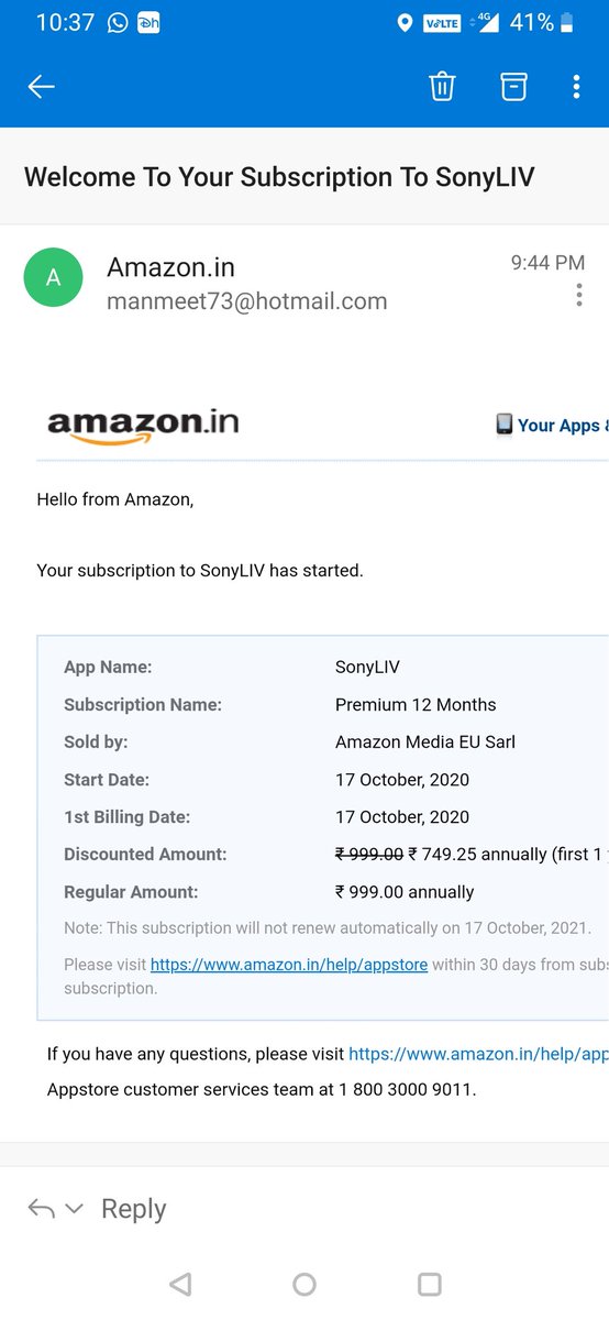manmeet73's tweet photo. @SonyLIV Find attached receipt for 1 yr subscription bought from amazon.. https://t.co/sFTxmtnp5b
