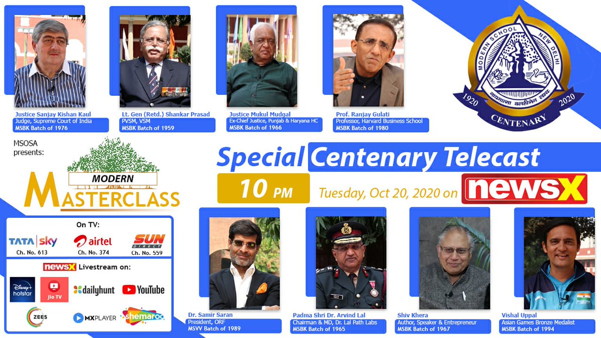 NewsX's tweet photo. #ModernAt100 | As Modern School completes 100 years, some of its most eminent graduates bring you an unmissable #ModernMasterclass (@modernmastercls) in a special broadcast on Tuesday, 20 Oct at 10 PM only on @NewsX!
.
.
#MSOSA @samirsaran @imshivkhera @bigvish10 https://t.co/7Bxo5PkNhN