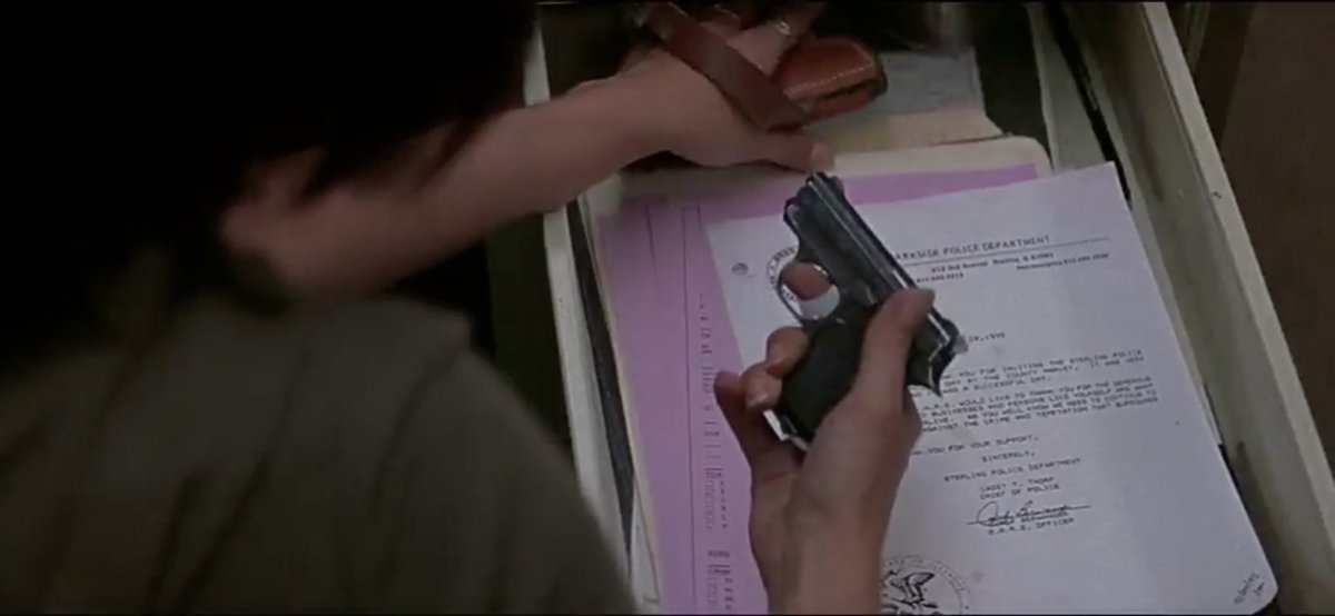Sidney takes out an FIE Titan from a drawer in Detective Wallace's office, but later takes out a Beretta 950 Jetfire from her ankle and tosses it into the pool.If you paid close attention, you’d quickly realize it was a different gun just by the color & look of the gun. 