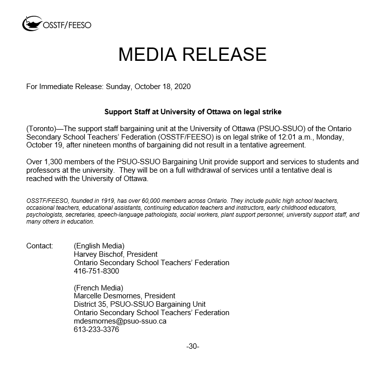 psuossuo's tweet photo. OSSTF MEDIA RELEASE: Support Staff at University of Ottawa on legal strike

COMMUNIQUÉ DE PRESSE: Le personnel de soutien de l'Université d'Ottawa en grève légale https://t.co/qgZJjEO4Bh