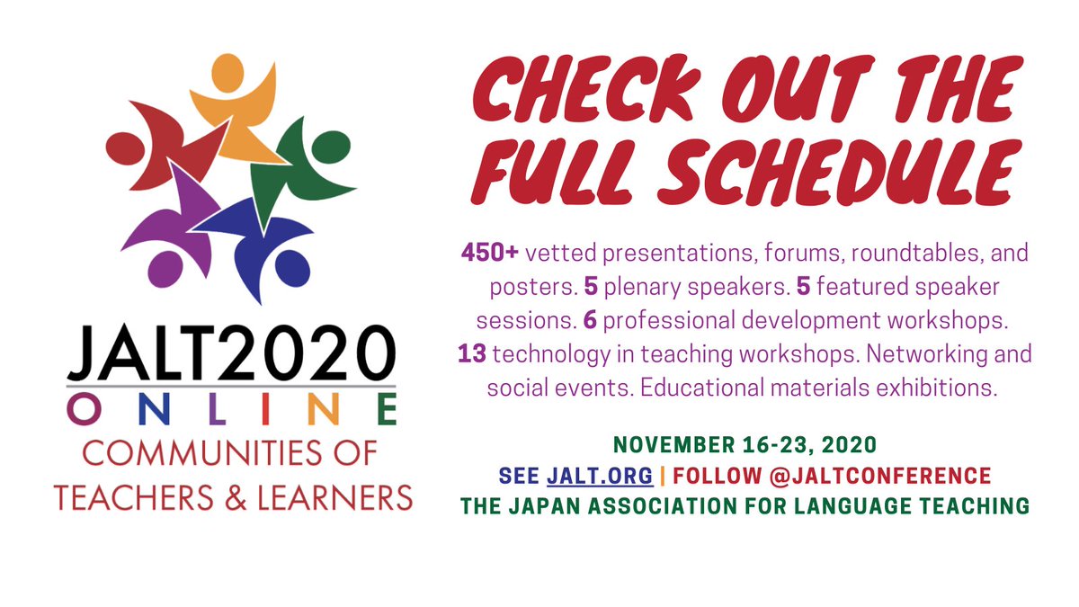 #JALT2020 is an 8-day week of professional development opportunities that runs November 16-23, and now the whole schedule is online for you to get the full picture of  #JALT's 46th Annual International Conference on Language Teaching and Learning jalt.org/conference/jal…