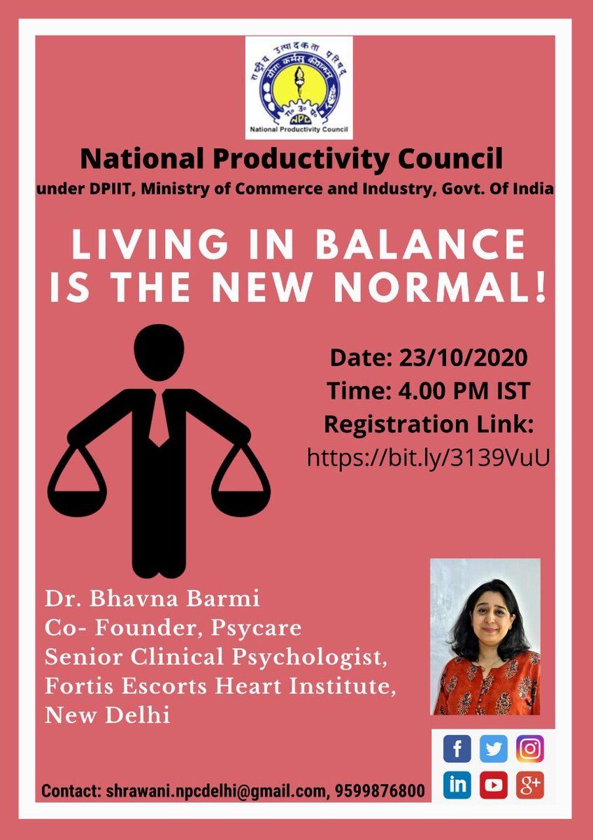 How we should balance our work while taking care of our precious family?
Join our free Webinar on 𝗟𝗶𝘃𝗶𝗻𝗴 𝗶𝗻 𝗕𝗮𝗹𝗮𝗻𝗰𝗲 𝗶𝘀 𝘁𝗵𝗲 𝗡𝗲𝘄 𝗡𝗼𝗿𝗺𝗮𝗹,
23rd Oct, 4 PM
Register now- https://t.co/Ruj5UJKosj
#npcindia #npc #mindfulness #webinar #balance #care #work https://t.co/yKhpWLCcma
