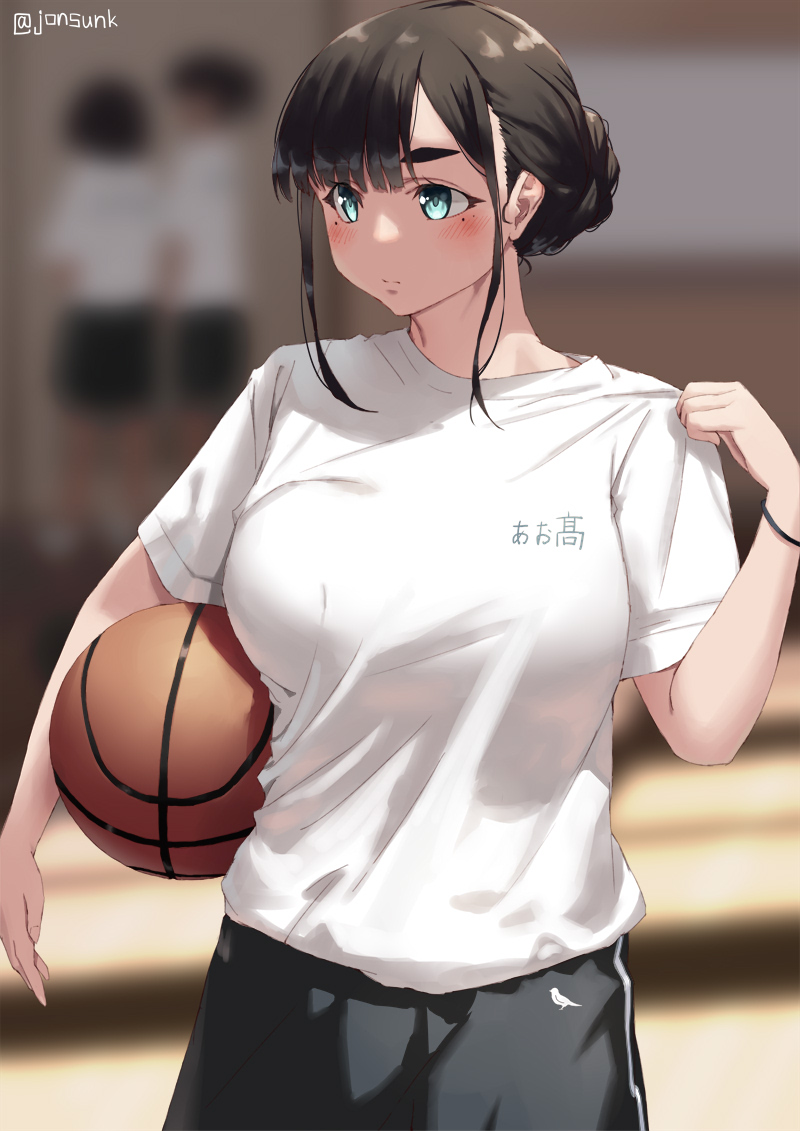basketball shirt 1girl blurry background breasts shorts white shirt  illustration images