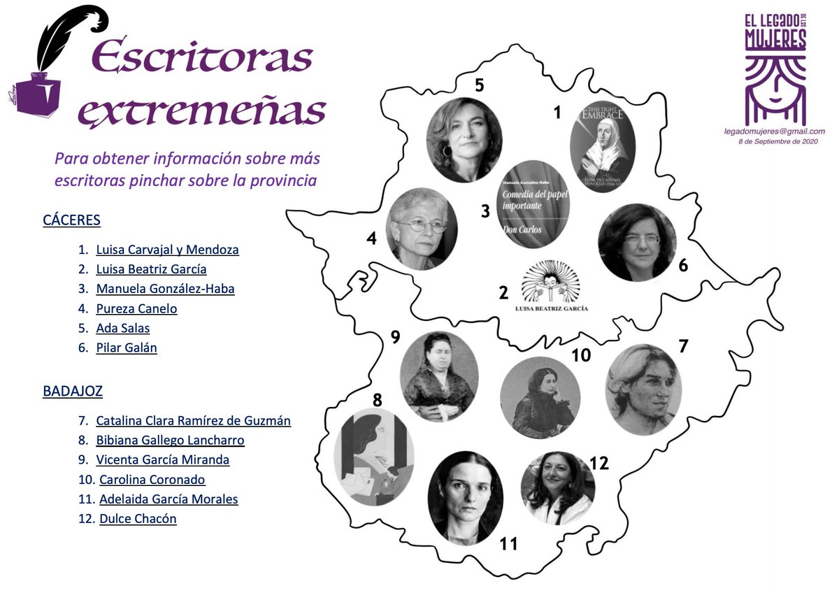 Esta asociación cuenta entre sus trabajos con estos tres mapas autonómicos que compartimos hoy: Mujeres Escritoras de Castilla y León, Mujeres Escritoras de Extremadura y Mujeres Escritoras de Andalucía. Próximamente saldrá el trabajo con el resto de comunidades autónomas.