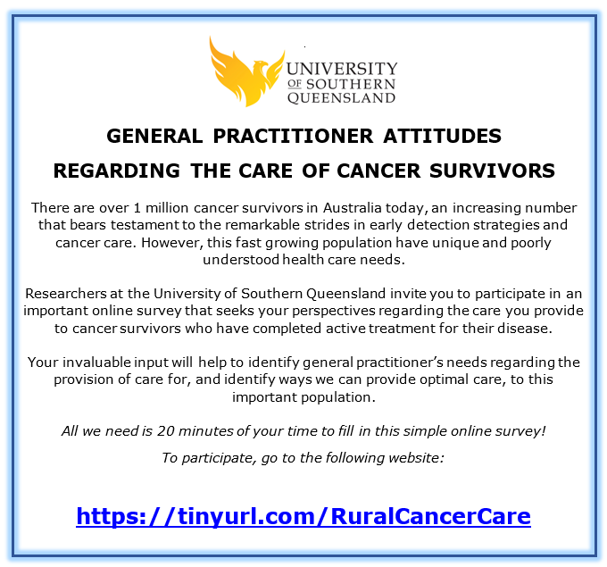 Researchers <a href="/usqedu/">usqedu</a> are looking for rural GPs to participate in an online survey regarding the care provided to cancer survivors. All we need is 20 mins to fill in a simple online survey! *Please retweet*
To participate, go to the following website:
tinyurl.com/RuralCancerCare
