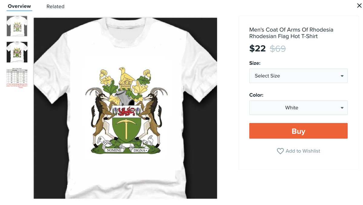 Wish sells t-shirts with the Rhodesia flag.