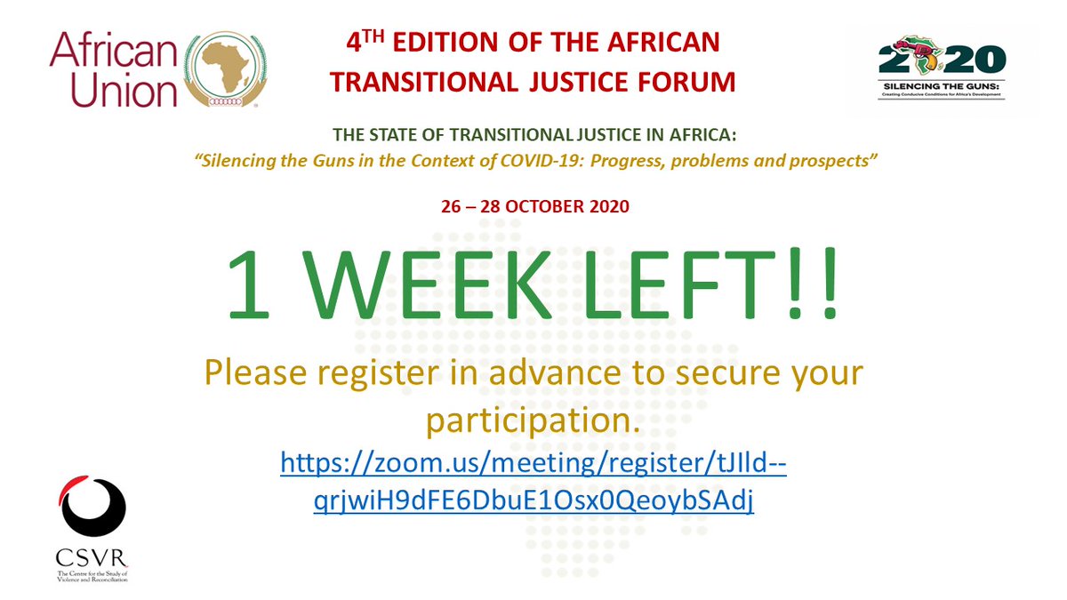 _CSVR's tweet photo. UPCOMING EVENT I @AUC_DPA &amp; CSVR is hosting the 4th Ed of the African #TransitionalJustice Forum on 26-28 October 2020. 
Interpret in Arabic,English, Port&amp; French will be provided.All welcome.

Please register👇🏽 https://t.co/moSFtCXfWA

#TJinAfrica #ATJF2020 #SilencingTheGuns https://t.co/LqBmtkrbBO