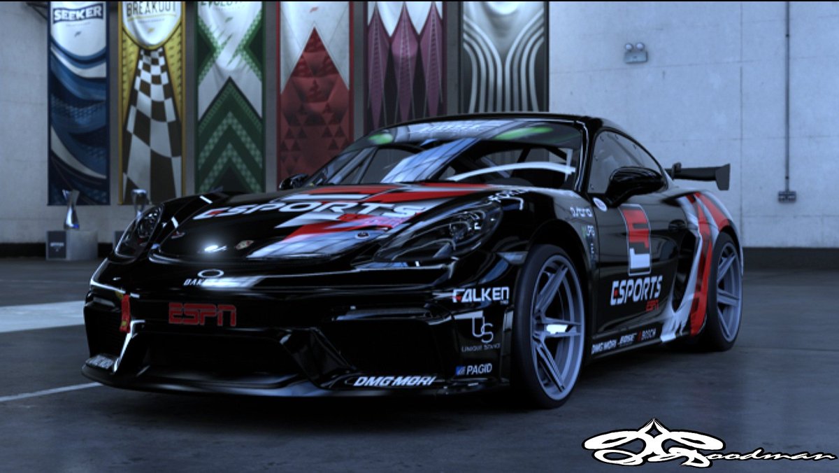 jgoodmanartist's tweet photo. Reveal! @PorscheRaces Cayman GT ft. @espn @ESPNEsportsBR @FalkenTire @FalkenTyres @BoschAutoParts @Bose @dmgmoriusa @BellPowersports @ASTROGaming @limeprogaming @ergocreative @UniqueStance_ @PAGIDRacing @SparcoOfficial @oakley on @ForzaMotorsport @ForzaHorizon @AMS_RacingTeam https://t.co/EP7bzkT0qF