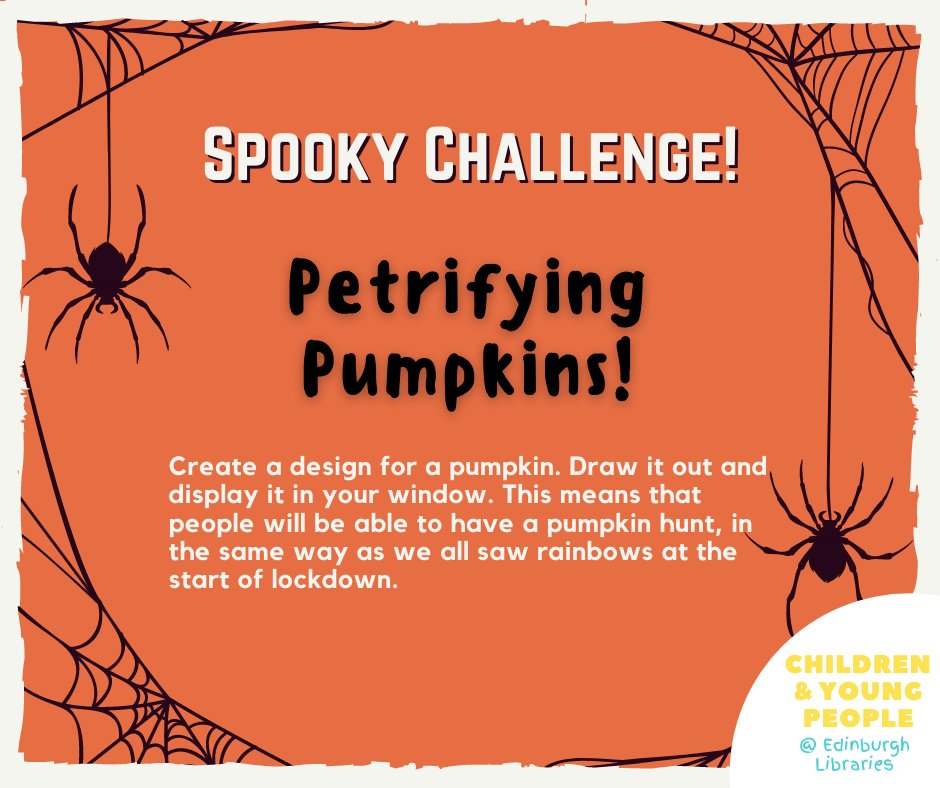 SWEdinLibraries's tweet image. It&apos;s nearly #Halloween! For today&apos;s #SpookyChallenge create your own design for a pumpkin. Then draw it out and display it in your window. Let&apos;s have a pumpkin hunt around the city! 🎃

facebook.com/CYPatEdinburgh…