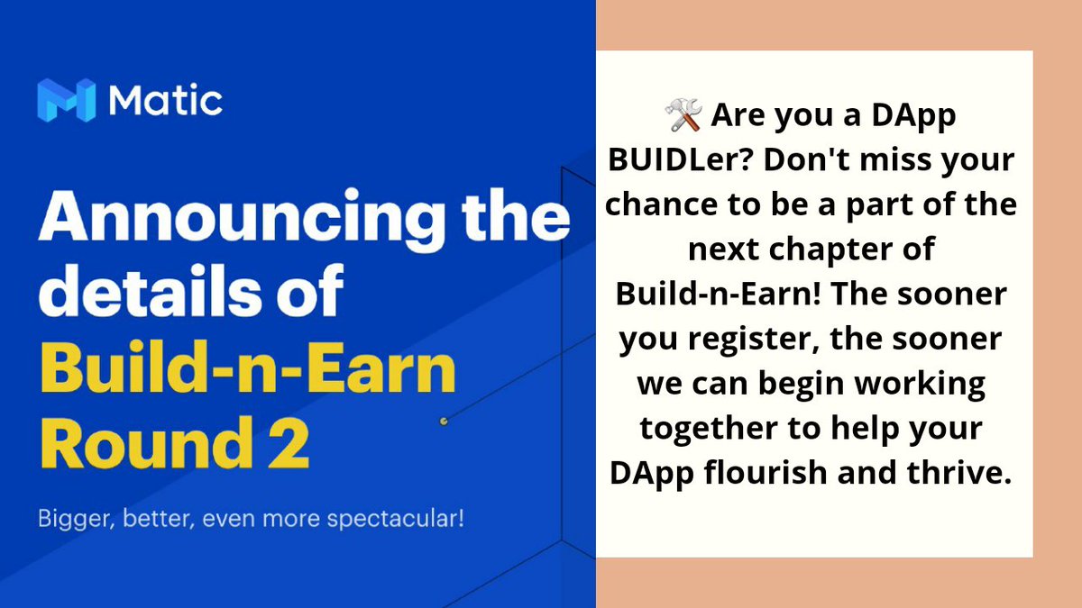 THEGHOST_618's tweet image. 🎉🎉🎉💯💯💯💯💯💯 @maticnetwork @Matic_Devs PoweredByMatic #DeveloperEcosystem #Adoption

Announcing the Launch of Build-n-Earn Round 2: Bigger, Better, Even More Spectacular!
 ℹ️ Read the full details of Build-n-Earn Round 2 here: buff.ly/345Y7Kq