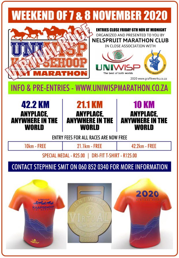 UNIWISPSA's tweet photo. UNIWISP KAAPSEHOOP MARATHON has been changed to a VIRTUAL RACE which happens on the weekend of the 7th &amp; 8th November 2020. We would like to wish everyone good luck for the VIRTUAL UNIWISP KAAPSEHOOP MARATHON. 
#running #runner #marathon #nelspruit #nelspruitmarathonclub #Uniwisp https://t.co/I3uBxle1YN