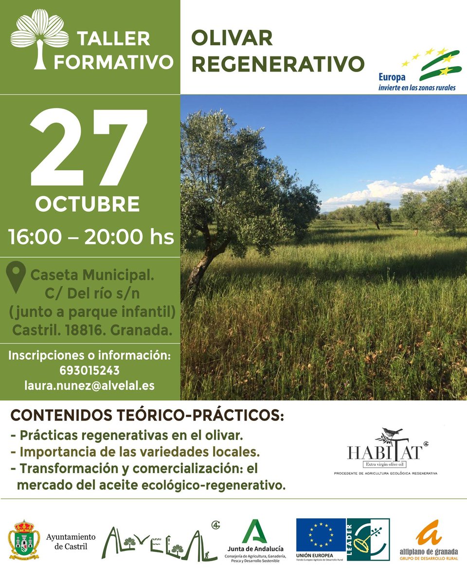 AlVelAl_4R's tweet image. El 27/10 conoce las técnicas regenerativas de suelo y paisaje que podemos llevar a cabo en este cultivo, la importancia de las variedades autóctonas y cómo sacar el máximo rendimiento a través de la transformación y comercialización de un aceite que regenera suelo y paisaje.
