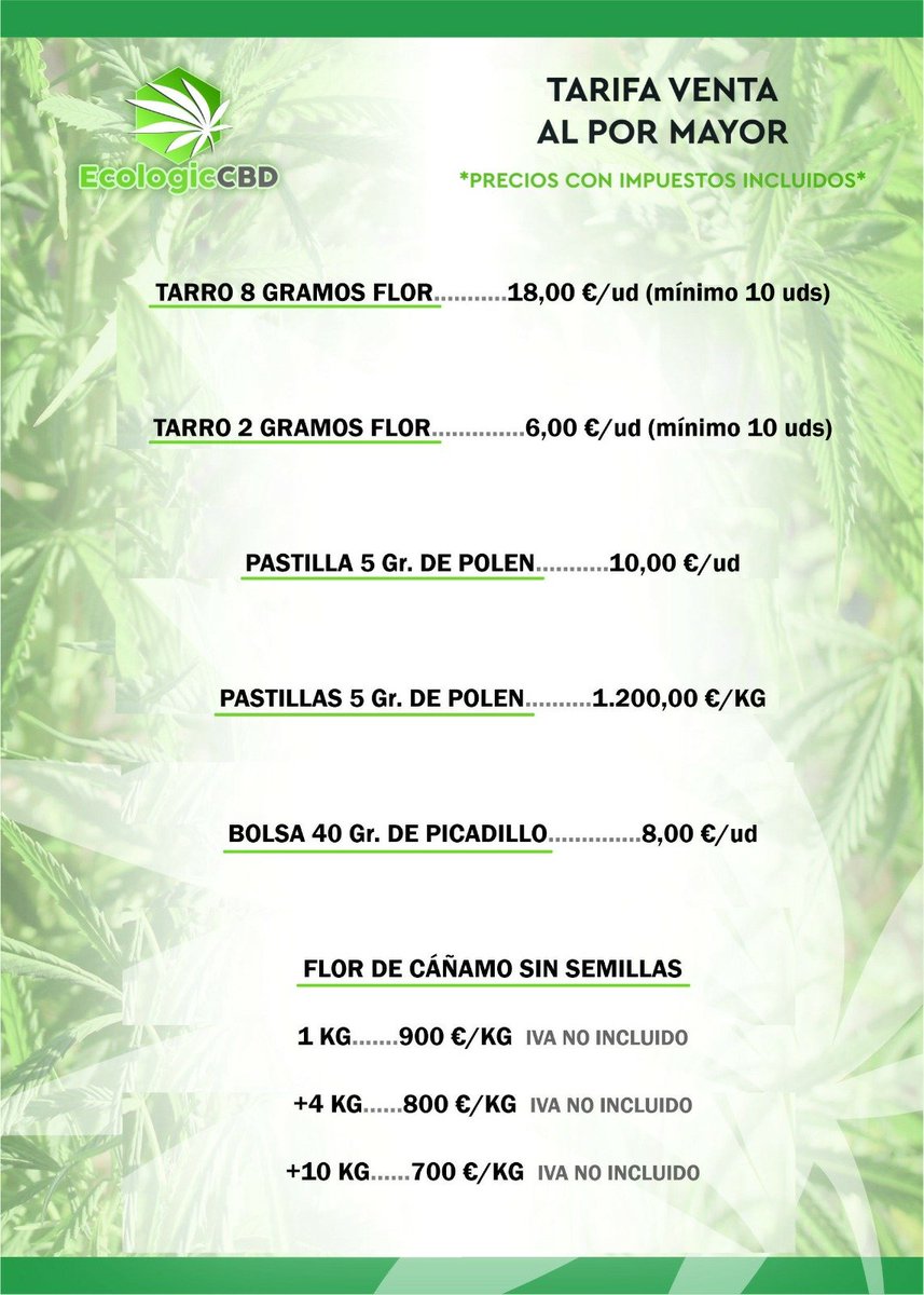 ecologiccbd's tweet image. Desde Ecologic CBD hemos elaborado un catálogo de nuestros productos enfocado a empresas y distribuidores.
Para más información y la realización de compras pueden contactar a través de nuestro correo o por teléfono. 
Carlos: 682 52 26 36
contacto@ecologiccbd.com