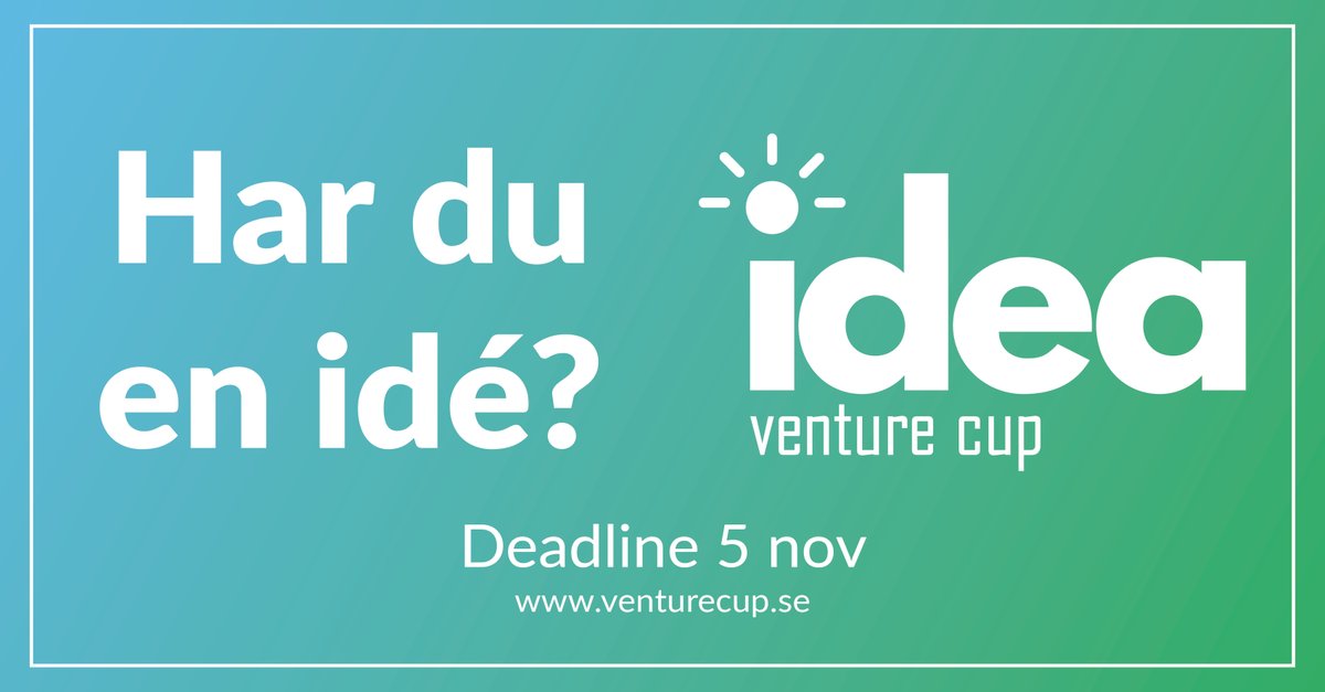 Fick du en idé i duschen imorse eller har du haft en idé ett tag du inte kan släppa tankarna på?

Släng in din idé i <a href="/venture_cupswe/">Venture Cup Sweden</a> tävling IDEA som pågår just nu! 

 Läs mer och ansök här: ow.ly/65FW50BRZWv