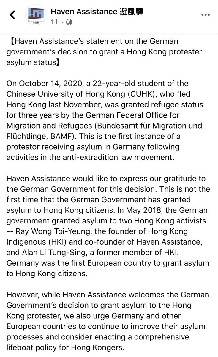 XinqiSu's tweet photo. A female HK protester became the first among her peers in HK’s #antiELAB protests to receive asylum in Germany, @AssistanceHaven said in a statement this evening. https://t.co/tpPlkZnIno