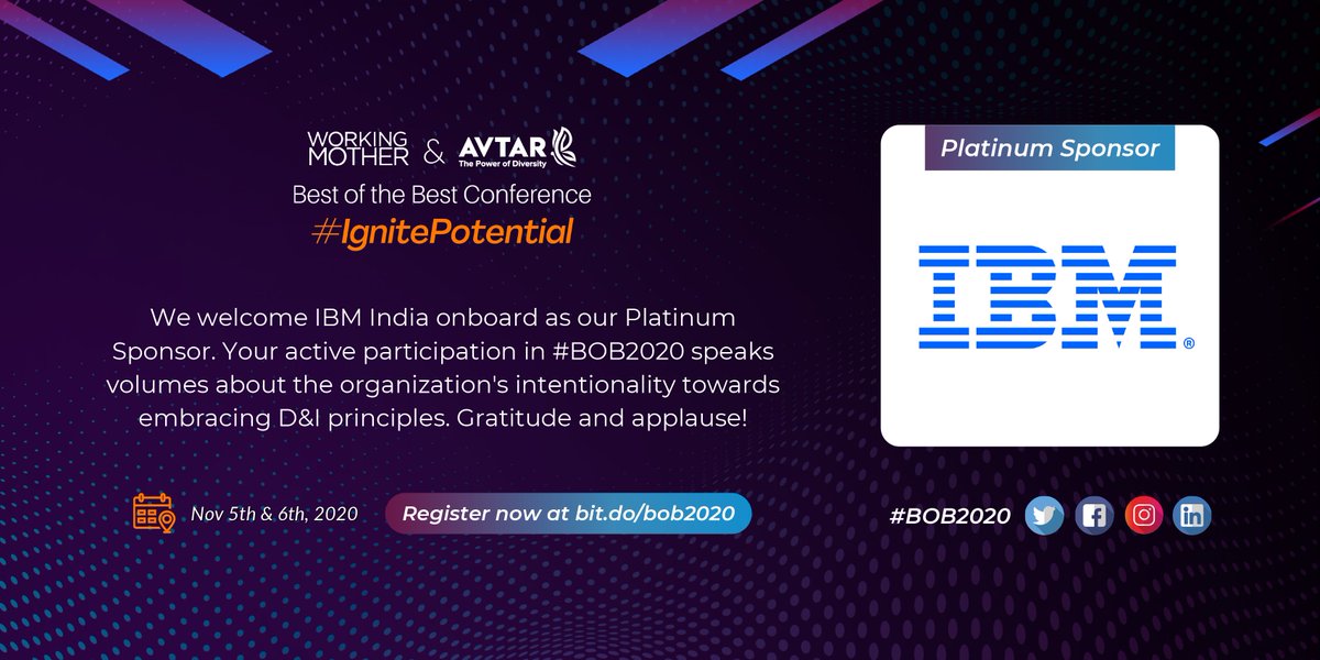 avtarcc's tweet photo. A warm and hearty welcome to one of the champions of D&amp;I - @ibm_in - as our Platinum Sponsor. We thank you for the amazing inspiration and look forward to your active participation in #BOB2020.

You too can be a part of #BOB2020! Register now at https://t.co/UKjk2QxVhK https://t.co/q9BzBedjdx