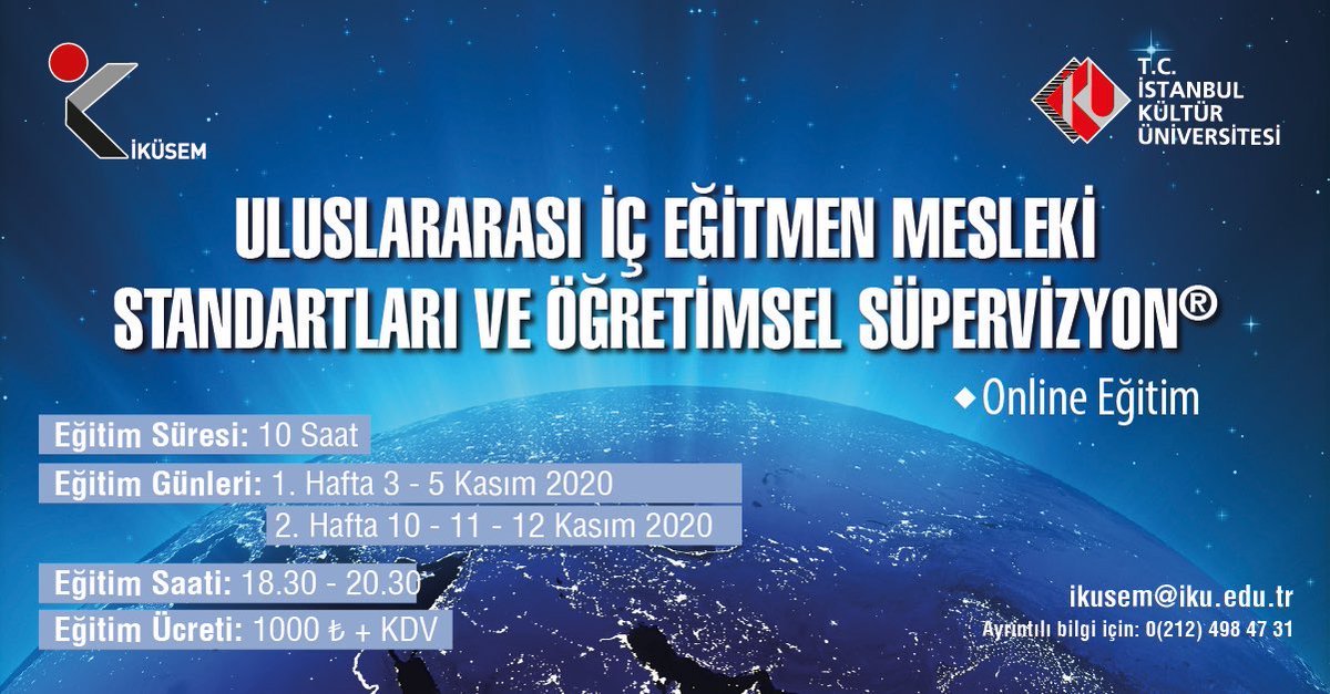 Uluslararası İç Eğitmen Mesleki Standartları ve Öğretimsel Süpervizyon Online eğitimi başlıyor.
Detaylı bilgi için:

Öğr. Gör. Zafer Erkoç 
0532 238 18 39 
z.erkoc@iku.edu.tr

İKÜSEM
(0212) 498 47 31
ikusem@iku.edu.tr