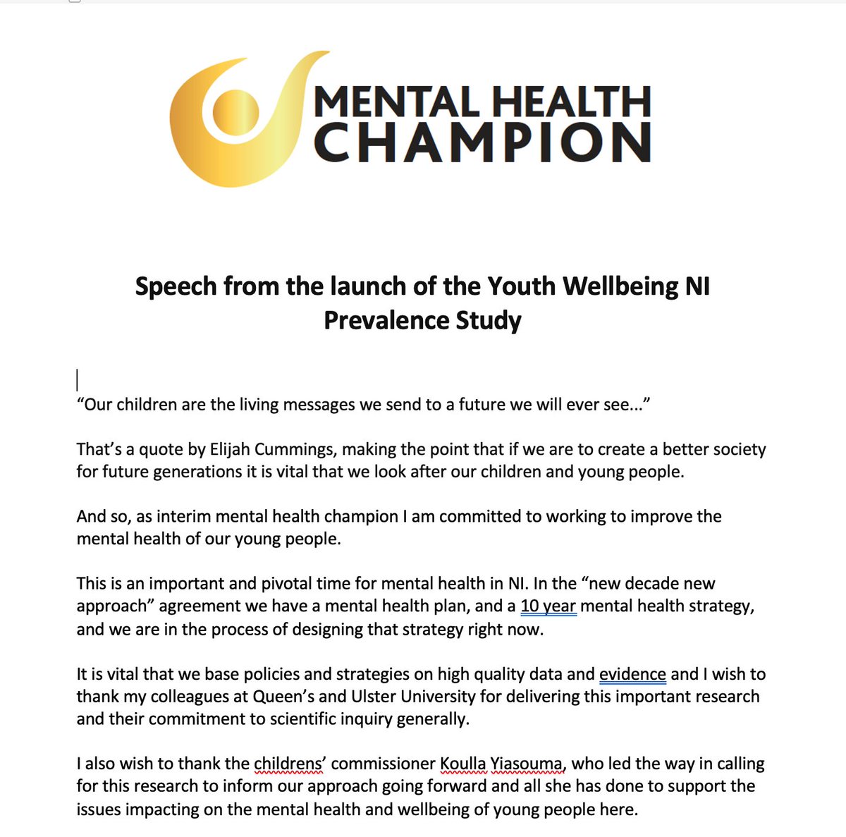 profsiobhanon's tweet photo. My speech from the launch of the #YouthWellBeingNI study this morning.

A landmark study that will inform NI's new Mental Health Strategy, and advance our understanding of mental health, mental illness and transgenerational trauma. 

Thanks to all involved. 💛 https://t.co/7vCoInQqYf