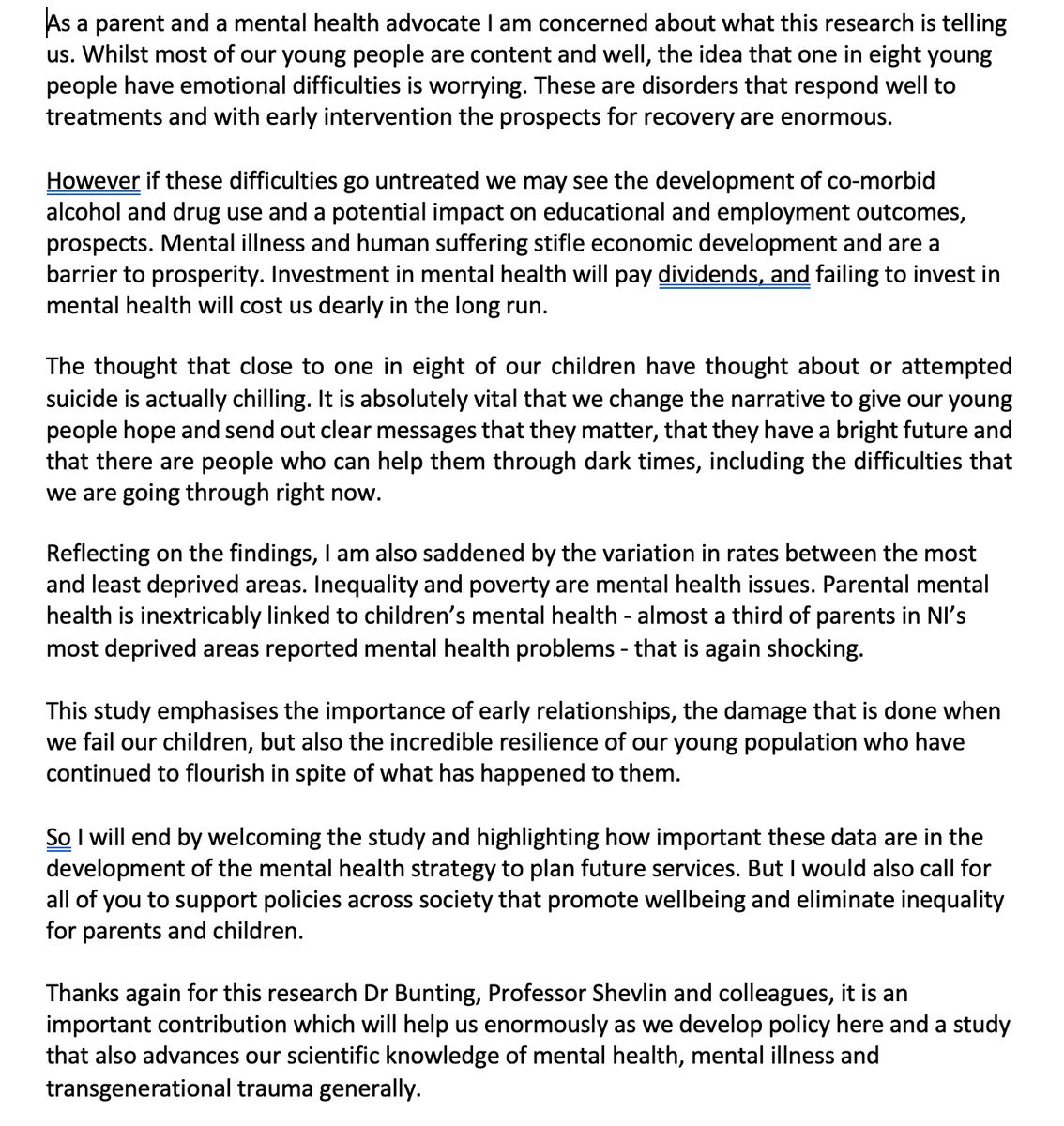My speech from the launch of the #YouthWellBeingNI study this morning.

A landmark study that will inform NI's new Mental Health Strategy, and advance our understanding of mental health, mental illness and transgenerational trauma. 

Thanks to all involved. 💛