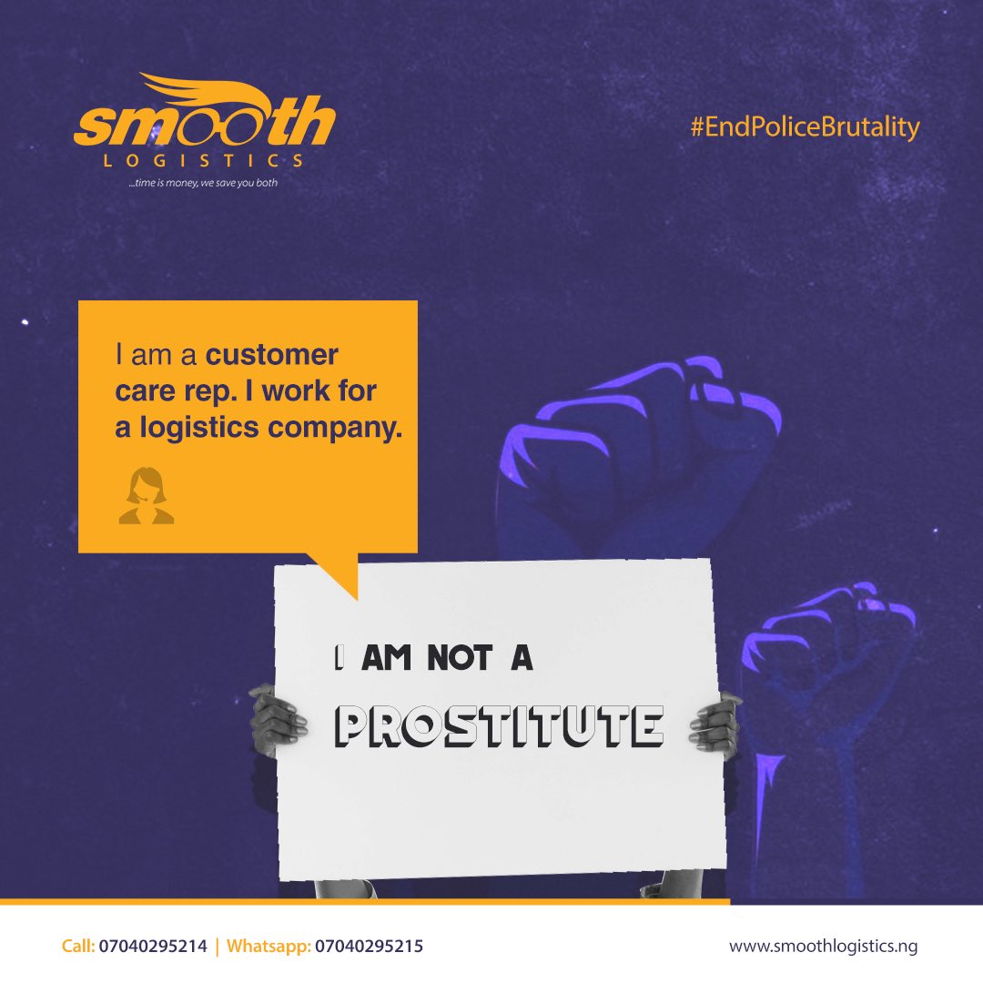 SmoothLogistics's tweet photo. ENTREPRENEURS not criminals.
RIDERS not miscreants.
CUSTOMER CARE REPS not prostitutes.
We are NIGERIAN YOUTHS and our voices deserve to be heard.
#EndSARS #EndPoliceBrutalityinNigera #EndPoliceBrutality #SmoothLogistics https://t.co/n9LsE0IqCy