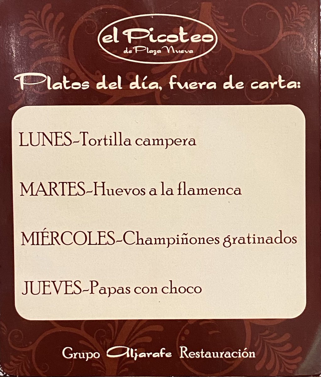Os envío los platos fuera de carta para cada día de esta semana, del lunes 19 al jueves 22 de noviembre, os esperamos!

el Picoteo de Plaza Nueva,
Calle Albareda 15
Tlfno. Reservas 651 874 251