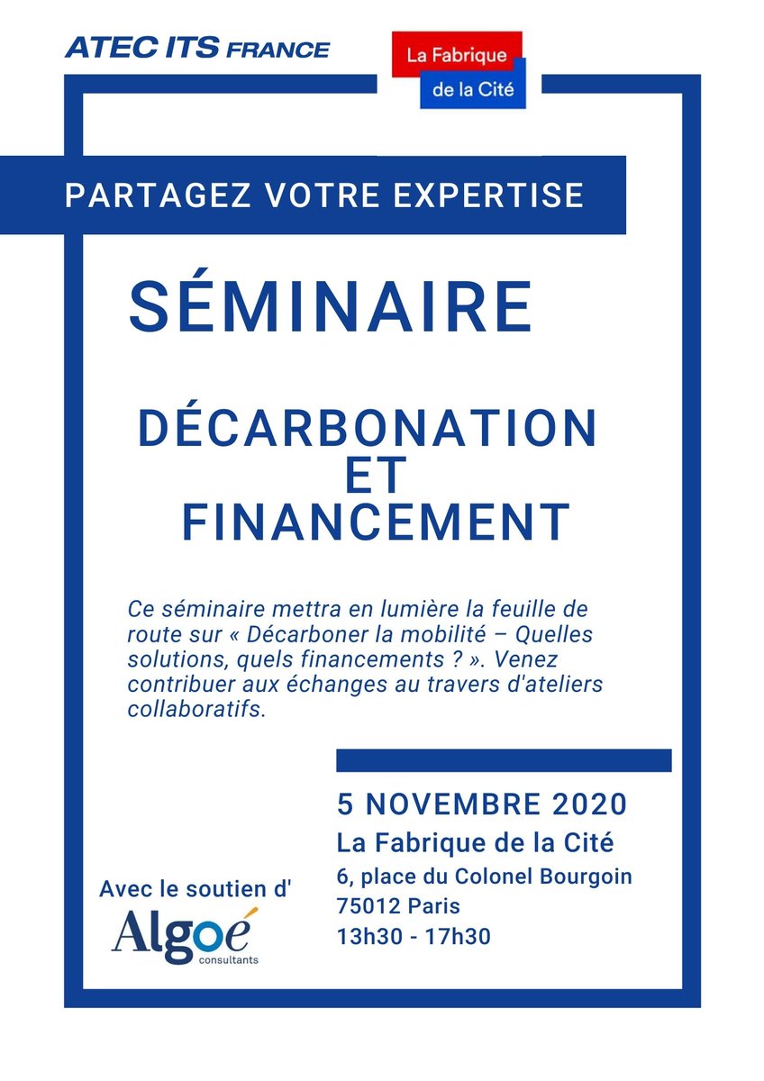 ⏰ J-17
[#SaveTheDate 📆] #Séminaire #Décarbonationn &amp; #Financement"
📢Vous ne vous êtes pas encore inscrits ? N'hésitez pas à le faire dès maintenant !

👉 Quand ? Le 5 novembre de 13h30 à 17h30
👉 Où 📌? La Fabrique de la Cité
👉Gratuit sur inscription : bit.ly/33lITkh